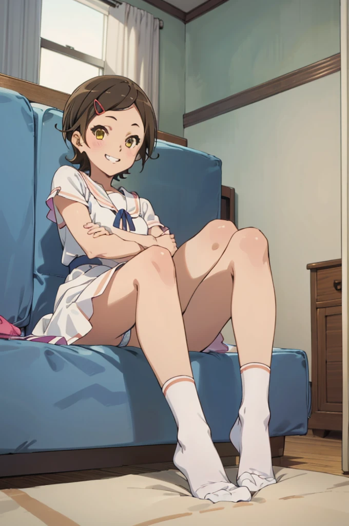 solo, 1girl, looking at viewer, hazuki katou, 1piece dress,panties.my room, looking at viewer, smile, grin,socks,sitting