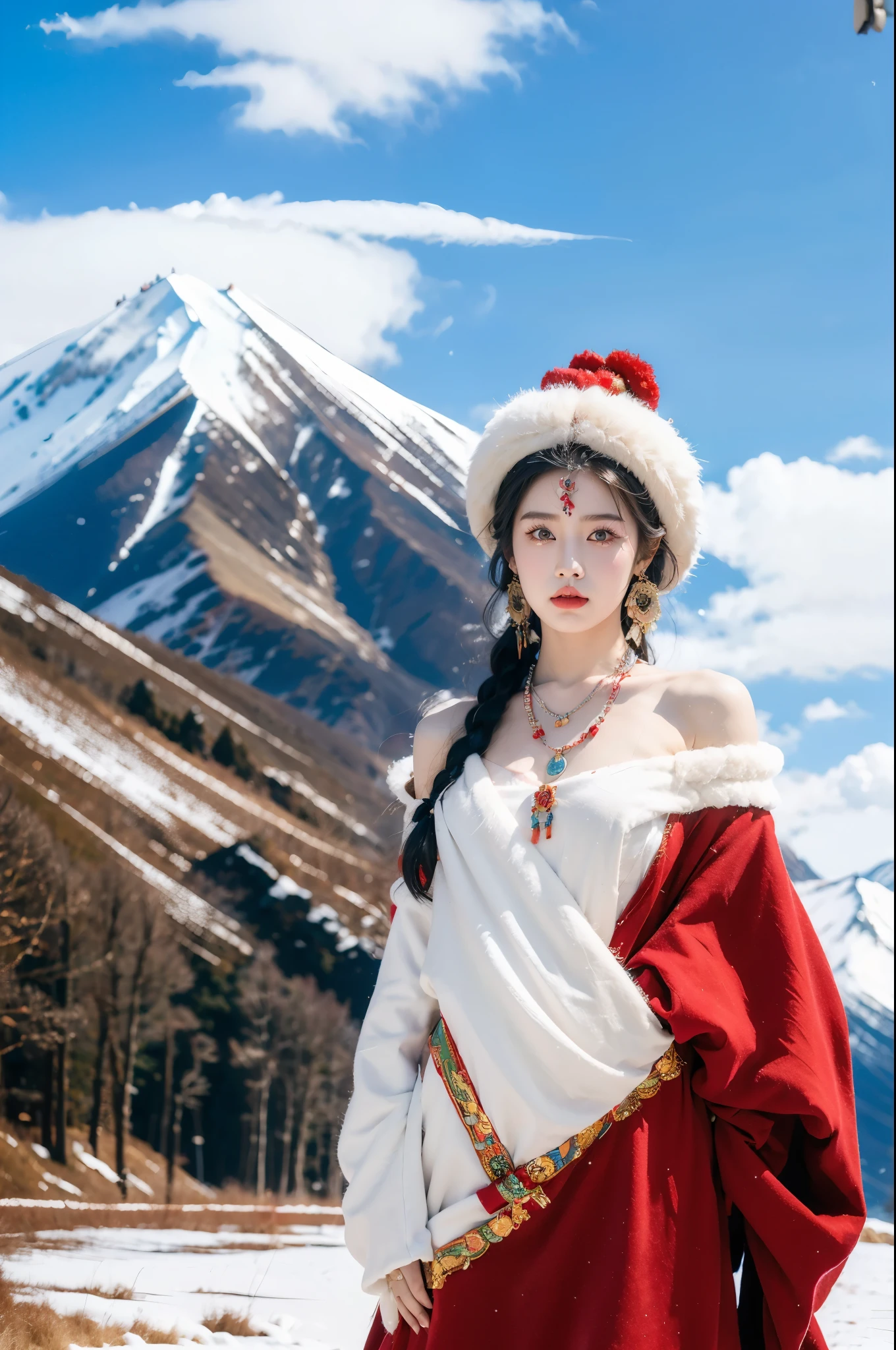 (masterpiece, best quality:1.2),red Tibetan clothing,1 Tibetan girl, blue sky, cloud, cloudy sky, day, earrings,Plush hat, horizon,Tibetan Earrings,jewelry,necklace, lips,snow mountain, outdoors, parted lips, red lips, solo,flat chest,(upper body:1.2),standing,(arms behind back:1.2),(from front:1.2)