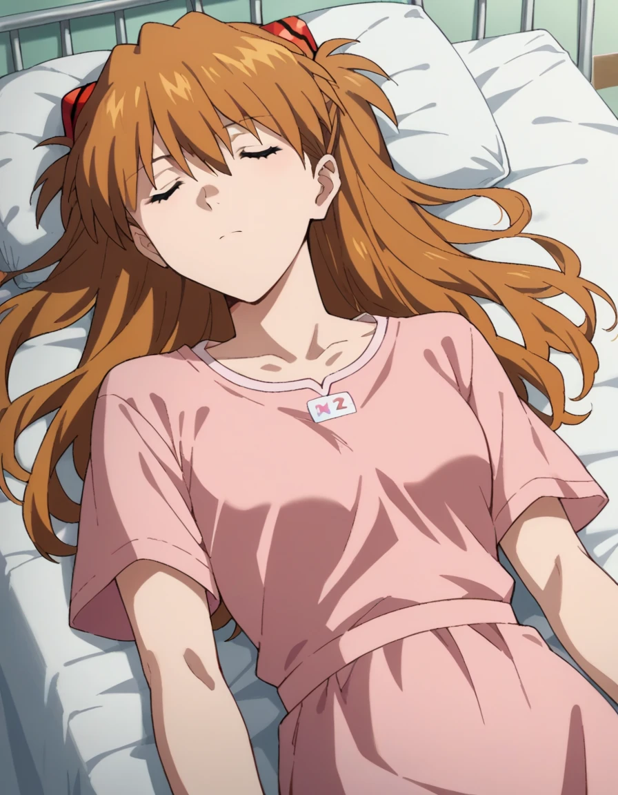 score_9, score_8_up, score_7_up, source_anime,
asukalangley, asuka langley soryu, long hair, bangs, brown hair, hair ornament,
hospital gown,
indoors, hospital, lying on back, sleeping, hospital bed, closed eyes,
looking at viewer, dutch angle, cowboy shot,