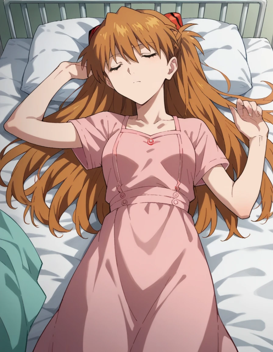 score_9, score_8_up, score_7_up, source_anime,
asukalangley, asuka langley soryu, long hair, bangs, brown hair, hair ornament,
hospital gown,
indoors, hospital, lying on back, sleeping, hospital bed, closed eyes,
looking at viewer, dutch angle, cowboy shot,