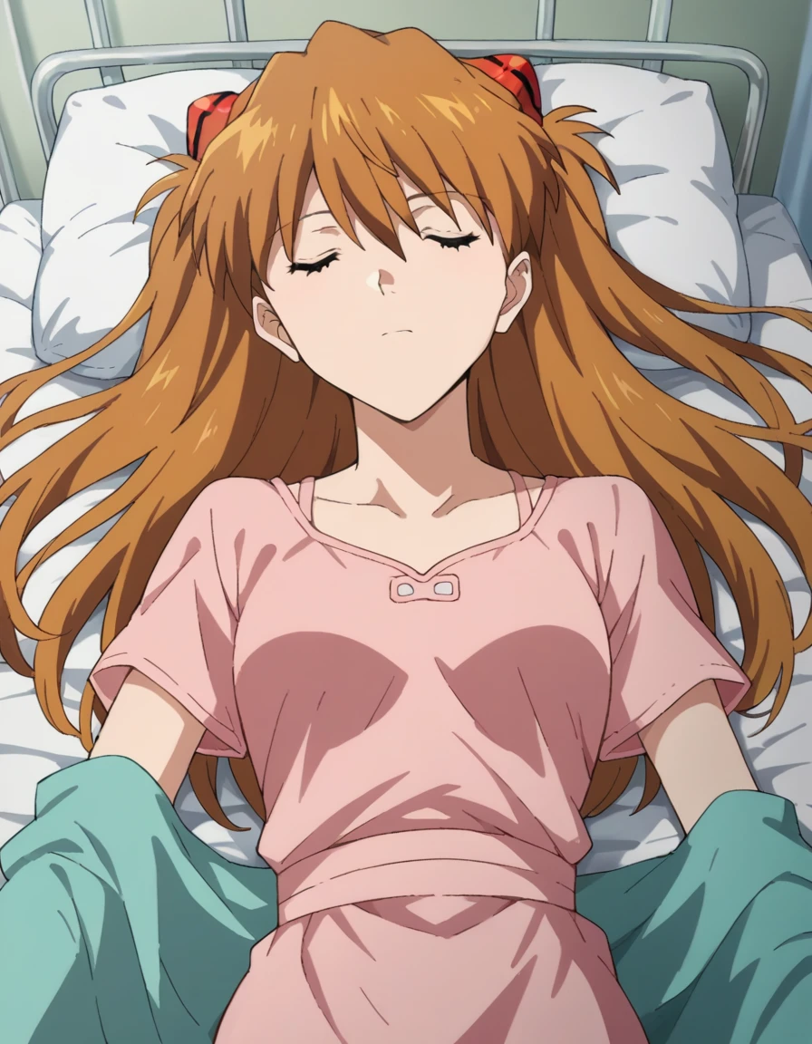 score_9, score_8_up, score_7_up, source_anime,
asukalangley, asuka langley soryu, long hair, bangs, brown hair, hair ornament,
hospital gown,
indoors, hospital, lying on back, sleeping, hospital bed, closed eyes,
looking at viewer, dutch angle, cowboy shot,