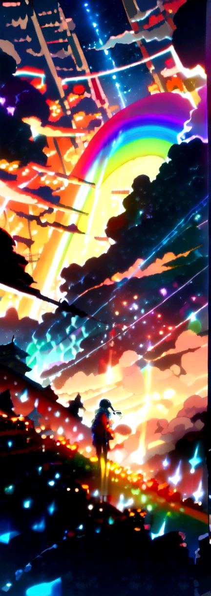 , Vast landscape photography , (a view from behind that shows null above and open field below), (noon, ((null, cloud))), Distant Mountain, Treebreak Production Art, (Warm light source:1.2), (fire Fly:1.2), lamp, Lots of purple and orange, Intricate details, Volumetric Lighting Break (masterpiece:1.2), (Highest quality), 4K, Super detailed, (Dynamic configuration:1.4), Very detailed, Colorful details,( Rainbow colors:1.2), (Shining Lights, Atmospheric lighting), dream-like, Magic, (alone:1.2)