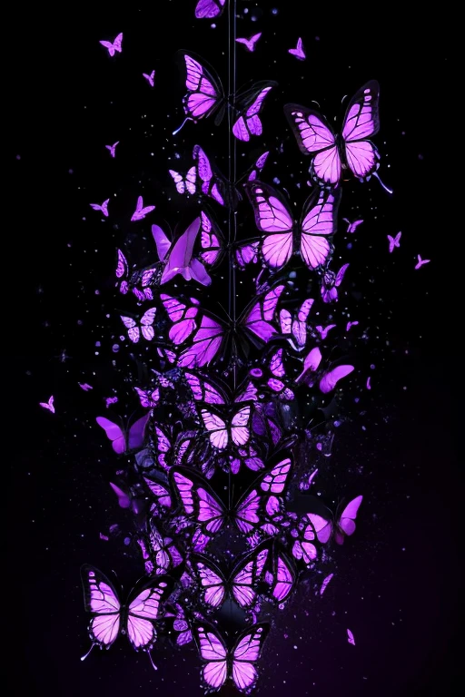 Swarm of purple glowing butterflies with a black background