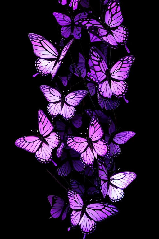Swarm of purple glowing butterflies with a black background