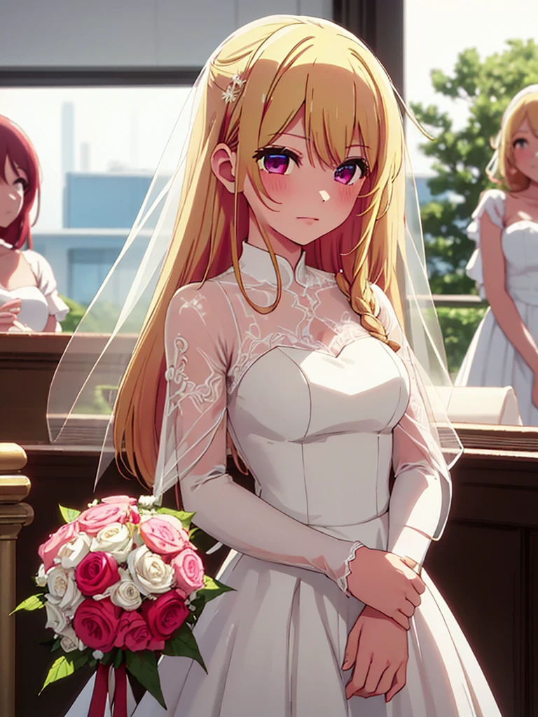 Ruby Hoshino , 1girl, as a bride, wearing white wedding frock, at a wedding ceremony , blonde hair, ruby Hoshino's amazing eyes, 8k, high detailed, high quality
