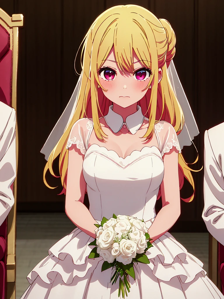 Ruby Hoshino , 1girl, as a bride, wearing white wedding frock, at a wedding ceremony , blonde hair, ruby Hoshino's amazing eyes, 8k, high detailed, high quality
