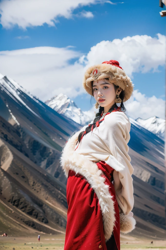 (masterpiece, best quality:1.2),red Tibetan clothing,1 Tibetan girl, blue sky, cloud, cloudy sky, day, earrings,Plush hat, horizon,Tibetan Earrings,jewelry,necklace, lips,snow mountain, outdoors, parted lips, red lips, solo,flat chest,(upper body:1.2),standing,(arms behind back:1.2),(from front:1.2)