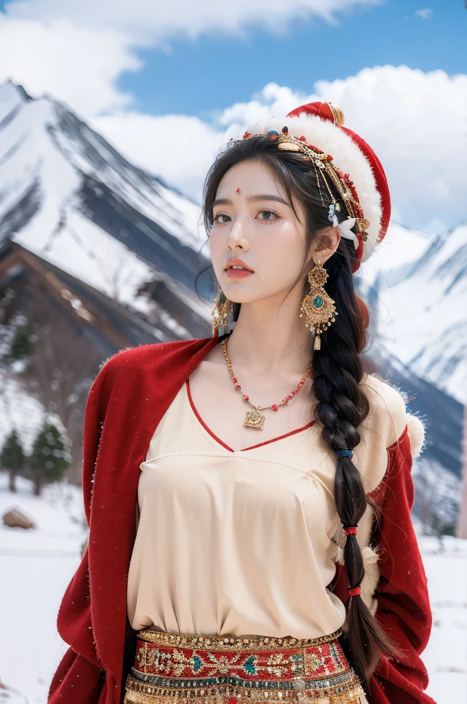 (masterpiece, best quality:1.2),red Tibetan clothing,1 Tibetan girl, blue sky, cloud, cloudy sky, day, earrings,Plush hat, horizon,Tibetan Earrings,jewelry,necklace, lips,snow mountain, outdoors, parted lips, red lips, solo,flat chest,(upper body:1.2),standing,(arms behind back:1.2),(from front:1.2)