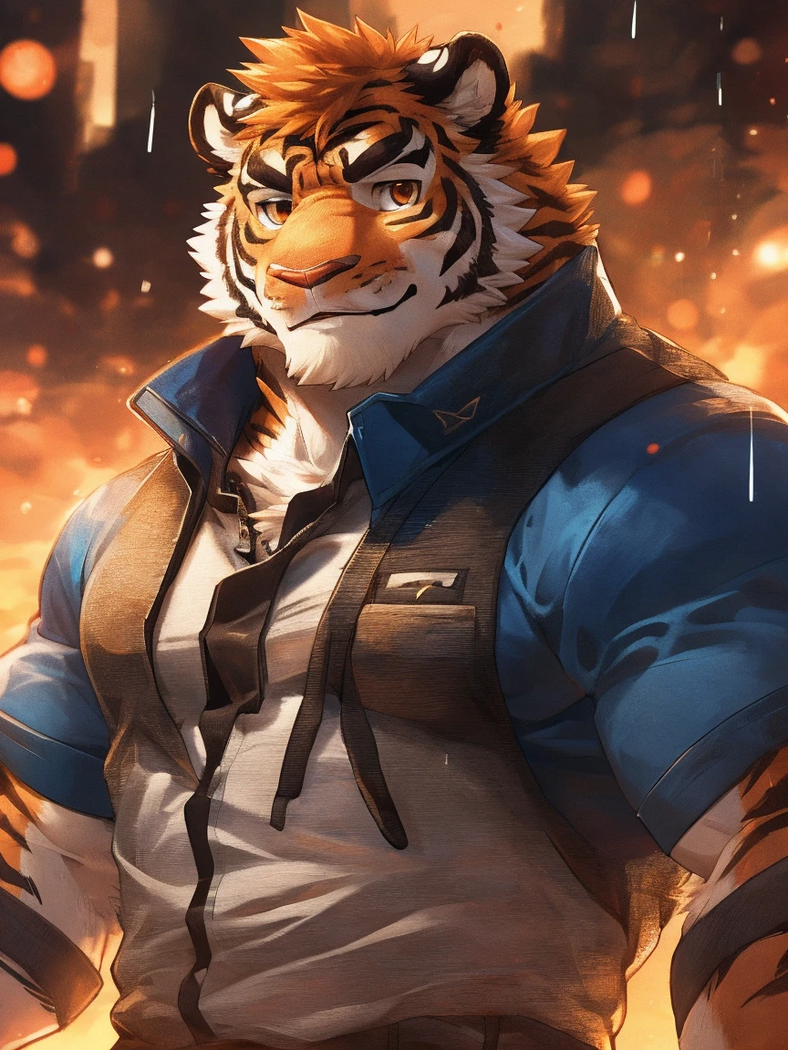 human nature, Wildlife, male,18 years old， solitary, ((Round Face, The face is plump,Orange eyes,Thick orange hair，With scars)), ((Endomorph, Handsome，Hot Blood)), (Sportswear，Clothes Damaged), ((domestic tiger, tiger，) Fluffy fur, Fluffy), Bokeh, (high quality, high resolution, masterpiece), (Dynamic Lighting, Vibrant colors), (Revitalize，harm，Disdain), Full body picture (close up), cartoon, author：Takemoto Arashi, From zixiong, By Chunni, author：Empty Ghost，（background：A city where it rains）