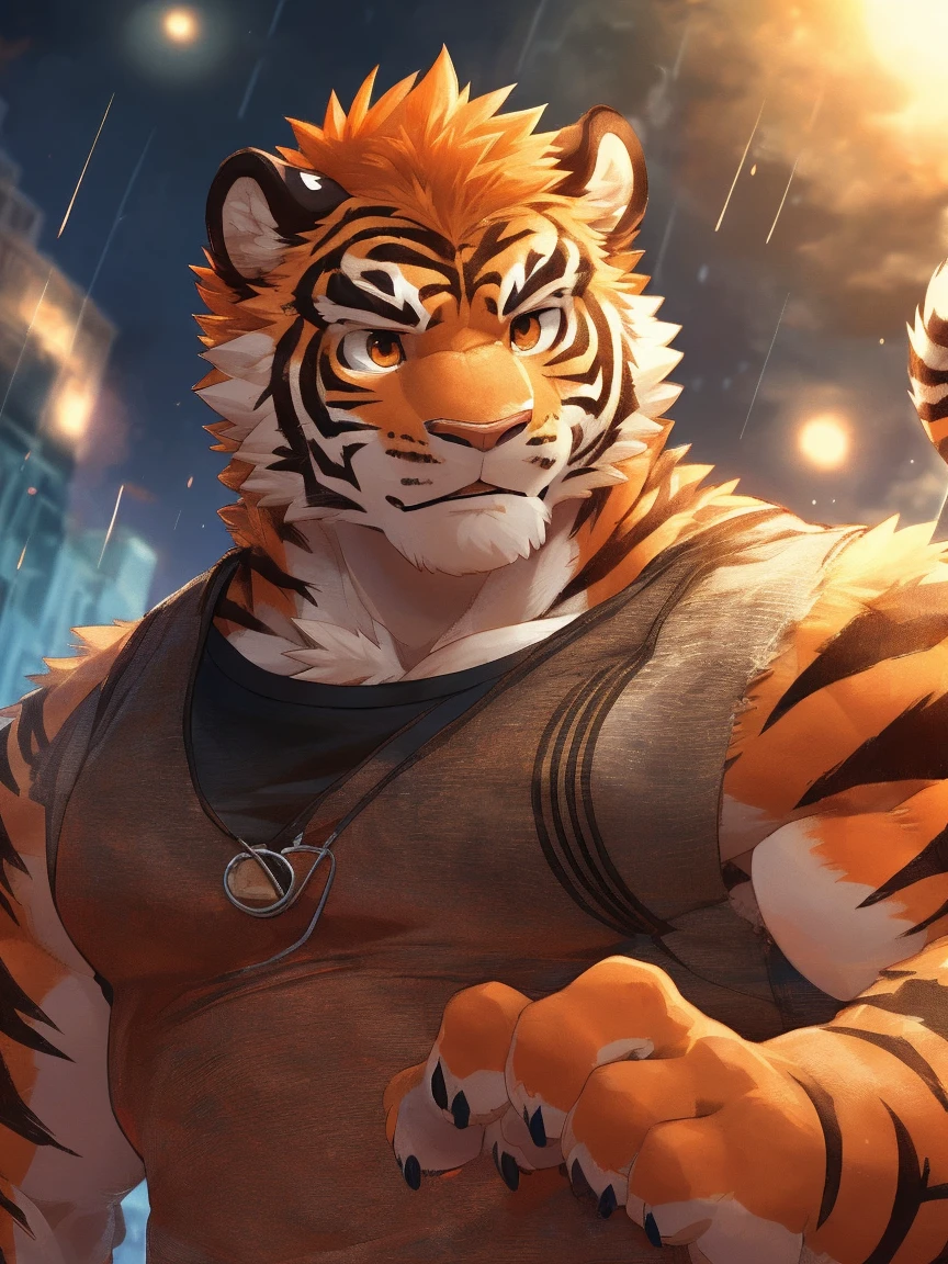 Best quality, masterpiec,ultra high res, furry, real shadow and light, 4K, Cool Pose, ((Tiger)), ripped body, topless, anthropomorphic, extra detailed body, detailed body, Best quality, masterpiece, ultra high res,detailed background,realistic, real shadow and light,depth of field, ((view from beside)), ((close up)), ((SFW)), ((military pants)), ((half naked)), ((night time)), ((Black scarf)), Ninja scarf, short black hair, red eyes, ((body hair)), public hair, ((hands))