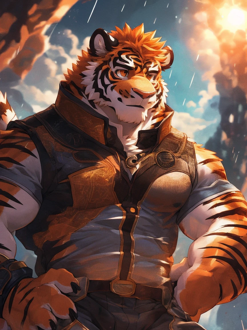 human nature, Wildlife, male,18 years old, solitary, ((Round Face, The face is plump,Orange eyes,Thick orange hair,With scars)), ((Endomorph, Handsome,Hot Blood)), (Sportswear,Clothes Damaged), ((domestic tiger, tiger,) Fluffy fur, Fluffy), Bokeh, (high quality, high resolution, masterpiece), (Dynamic Lighting, Vibrant colors), (Revitalize,harm,Disdain), Full body picture (close up), cartoon, author:Takemoto Arashi, From zixiong, By Chunni, author:Empty Ghost,(background:A city where it rains)