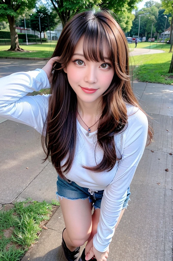 ((Full Body Angle))、((Front hair:1.2))、((Highest quality, 8K, masterpiece: 1.3)), concentrated: 1.2, Cute girl 1,Nipples erect、 Perfect beauty: 1.4,Cut and sewn T-shirt Raglan sleeve summer short sleeve T-shirt.Shorts: 1.2,Long sleeve、Randall Color、comics＆Text Graphics、Black ruffle-trimmed drawstring zip blouse,1.1, Highly detailed face and skin textures, Fine grain, double eyelid, whitening skin, ,Highest quality,Ultra-high resolution,you,1 girl,alone,_Shiny_skin,Iris,necklace,((brown_length_Wavy_hair)),(lips)),eyelash,Front hair,deal with,compensate,Shiny,pore,skin,Large Breasts、((smiling face))、Walking in the park、walk、