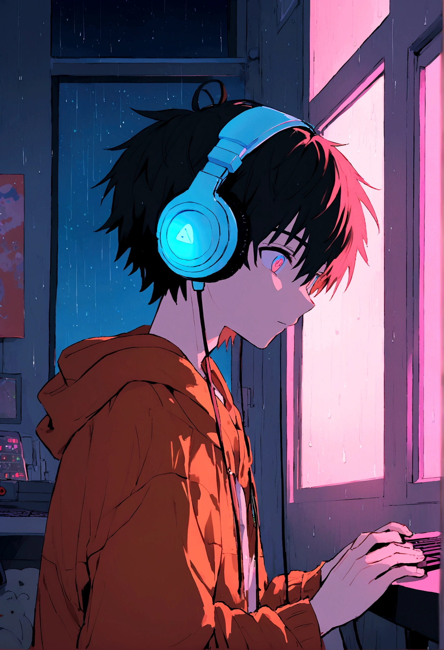 An ************ gamer anime boy, looking at computer, so many neon lights, night, rain outside not inside of room, cozy room, closed window, boy and computer is close to window, boy wears gamer headphone, boy is at left, high quality face and eyes