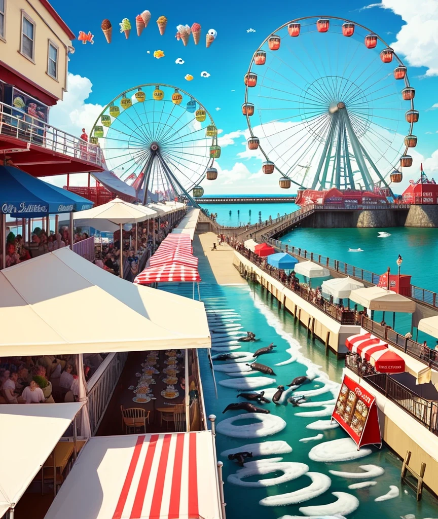 pier with seals, seals by the water, promenade, restaurants, street ice cream, ice cream stand, photo booth, seals, seals, lots of flying seals, rides, large Ferris wheel