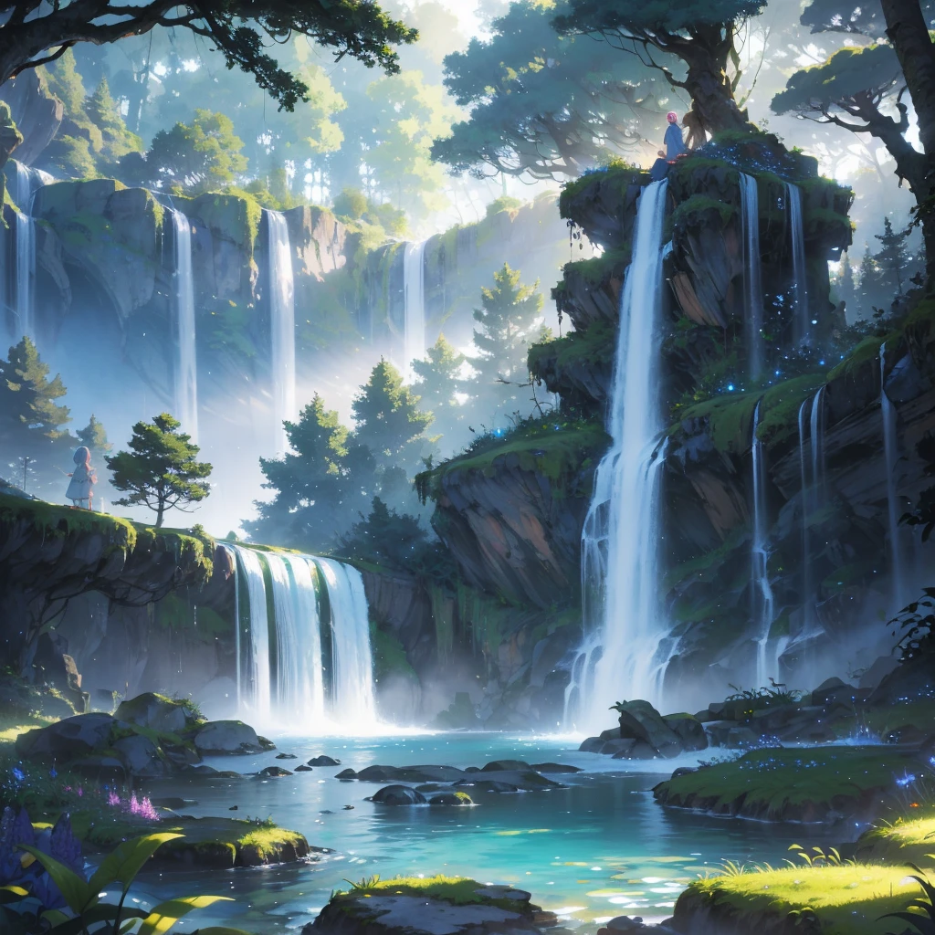 Imagine a magical place atop a lush hill, where nature and enchantment converge. Picture a serene landscape bathed in ethereal light, with ancient trees adorned with glowing runes, shimmering waterfalls cascading into crystal-clear pools, and vibrant flora that seems to emit a soft, mystical glow. Capture the sense of wonder and tranquility in this fantastical setting, where every corner holds secrets waiting to be discovered."