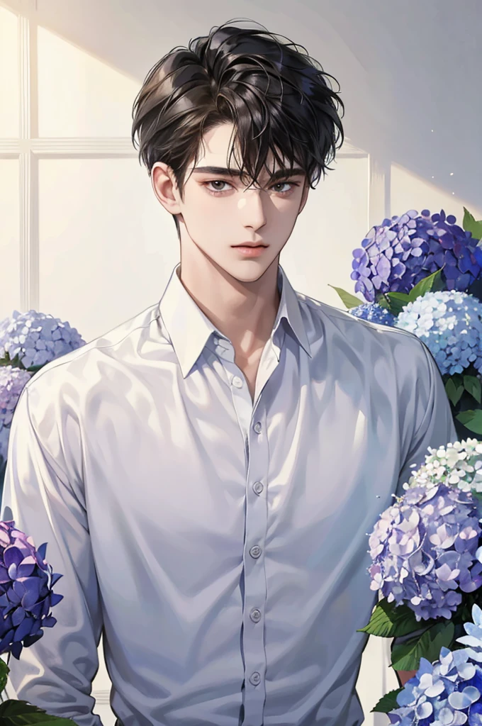 (masterpiece, best quality),1boy with black hair, looking at viewer, wearing white shirt, half body, blue filter, fairytale, hydrangea
