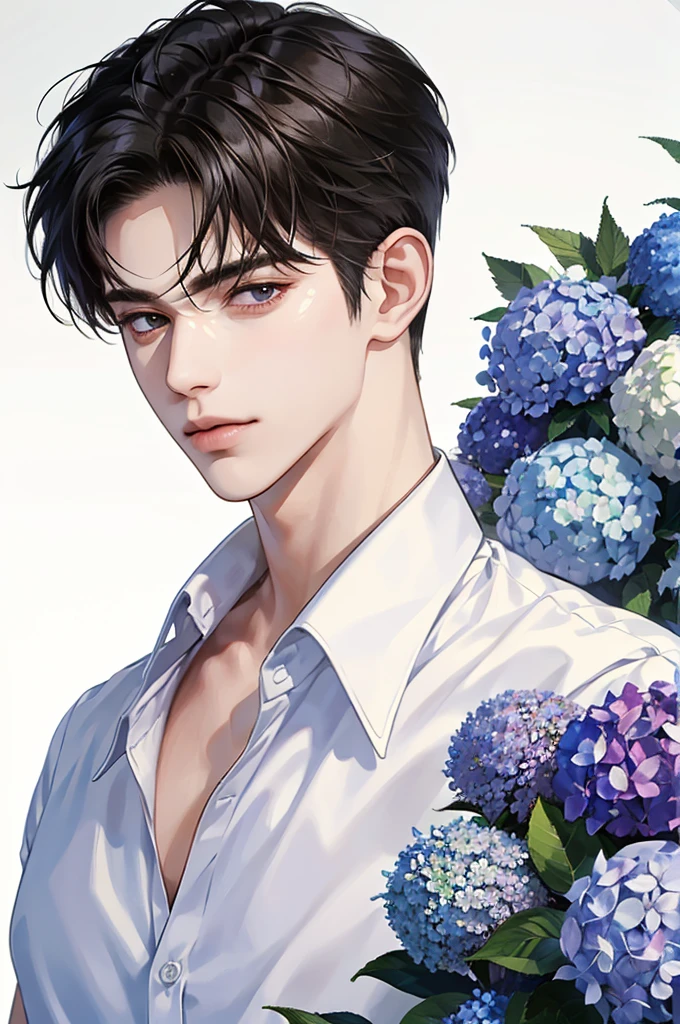 (masterpiece, best quality),1boy with black hair, looking at viewer, wearing white shirt, half body, blue filter, fairytale, hydrangea