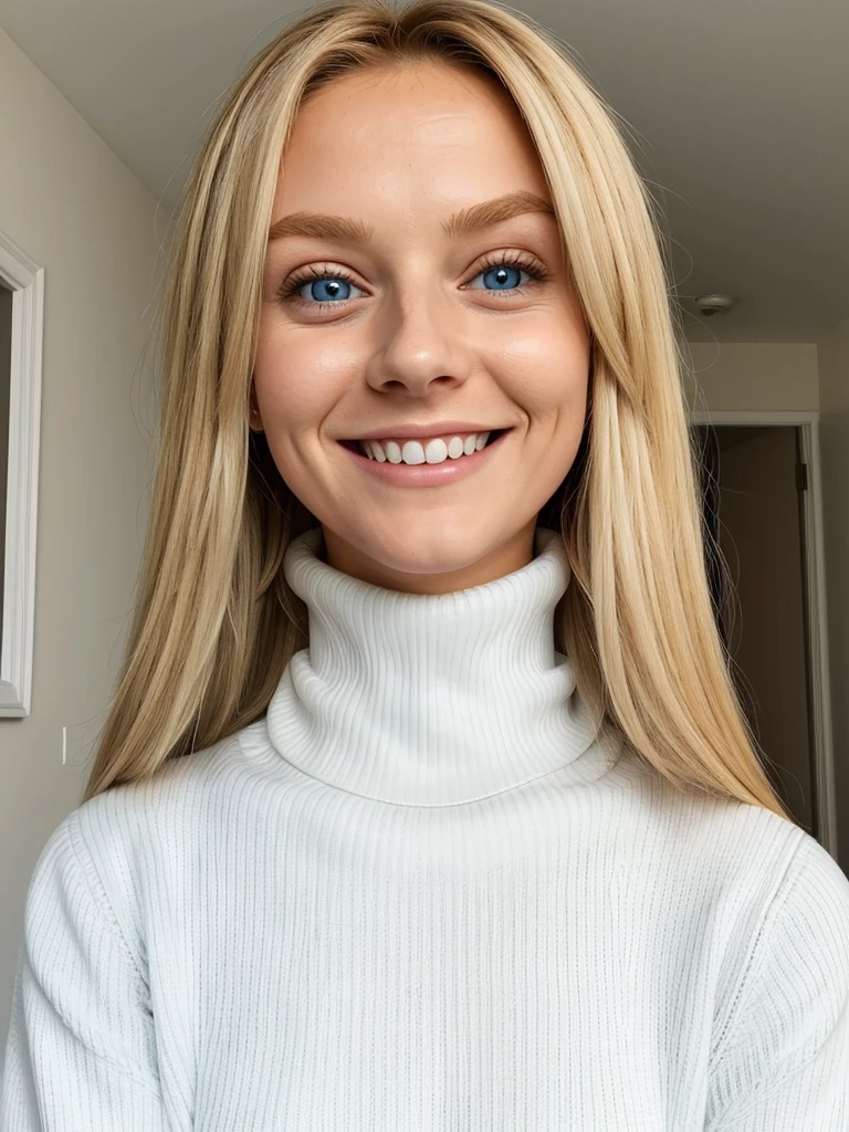 photo of a playful cute blonde submissive wife with massive beautiful eyes, She wears: (turtleneck high ribbed bright tight white sweater:1.1), submissive seductive pose, high tight ribbed neck, seductive smile, perfect fake tits, turtleneck top