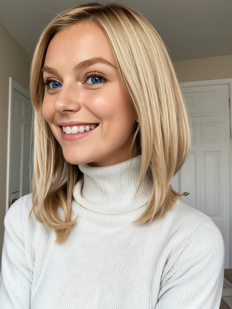 photo of a playful cute blonde teen submissive wife with massive beautiful eyes, She wears: (turtleneck high ribbed bright tight white sweater:1.1), submissive seductive pose, high tight ribbed neck, seductive smile, perfect fake tits, turtleneck top