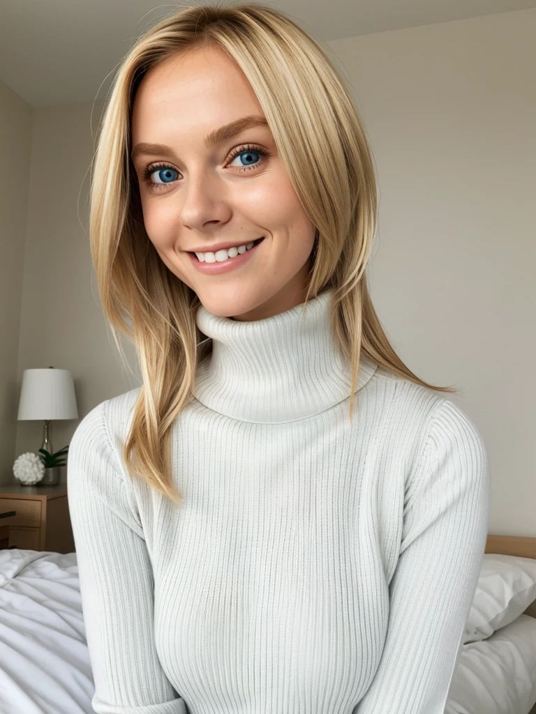 photo of a playful cute blonde submissive wife with massive beautiful eyes, She wears: (turtleneck high ribbed bright tight white sweater:1.1), submissive seductive pose, high tight ribbed neck, seductive smile, perfect fake tits, turtleneck top