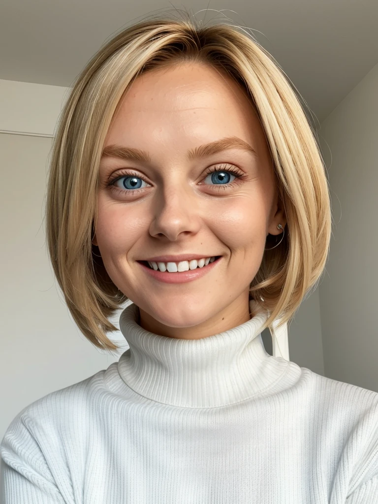 photo of a playful cute blonde teen submissive wife with massive beautiful eyes, She wears: (turtleneck high ribbed bright tight white sweater:1.1), submissive seductive pose, high tight ribbed neck, seductive smile, perfect fake tits, turtleneck top