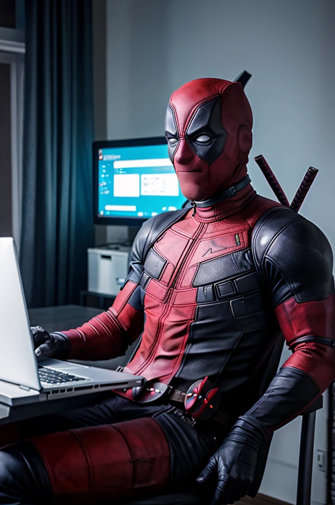 Deadpool using his laptop with headphones on