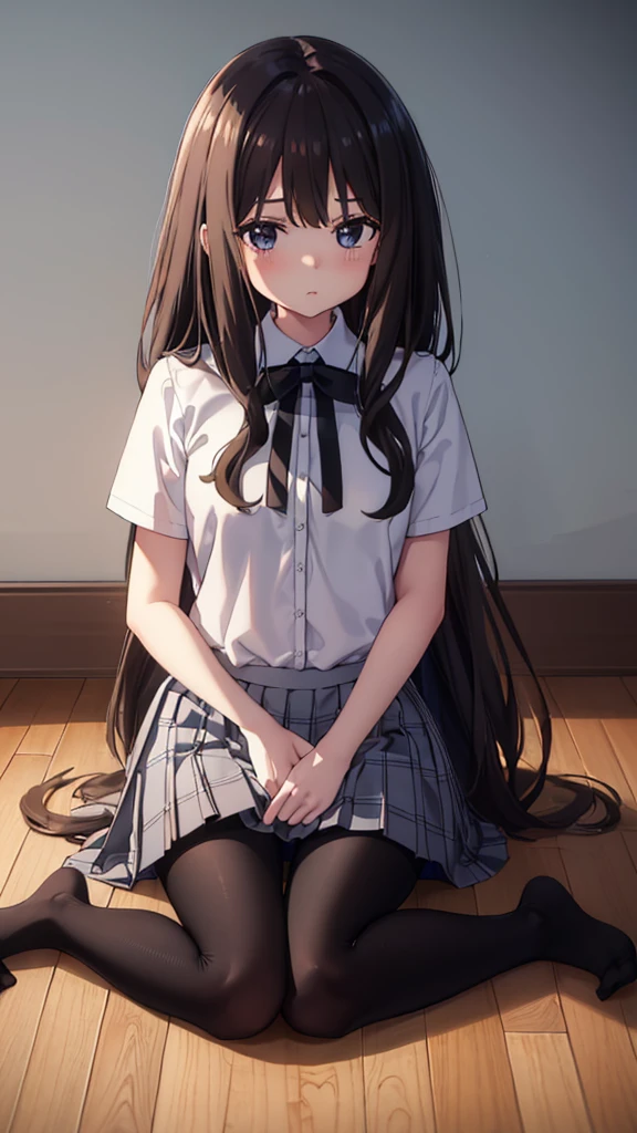 (8K、Best image quality、Highest quality、masterpiece)、One tall girl、((Full body))、Sit on the floor with your legs spread apart、White panties are visible、Long Hair、Wavy Hair、blush、Moderate bust、White collared shirt、Short sleeve、((Plaid pleated mini skirt))、Classroom Background、((black tights))、Black Pantyhose、((No shoes))
