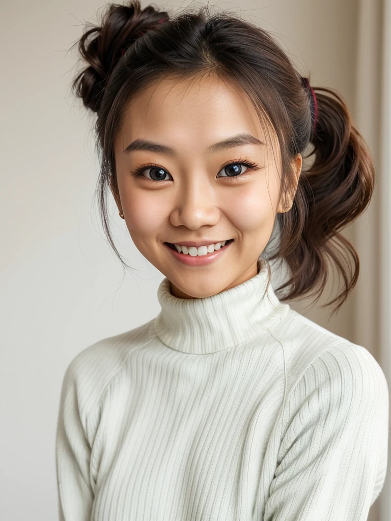 photo of a playful cute asian submissive wife with big beautiful eyes, messy long hair thrown into a messy bun ponytail. She wears: (turtleneck high ribbed bright tight white sweater:1.1), submissive seductive pose, high tight ribbed neck, seductive smile, perfect fake tits, turtleneck top