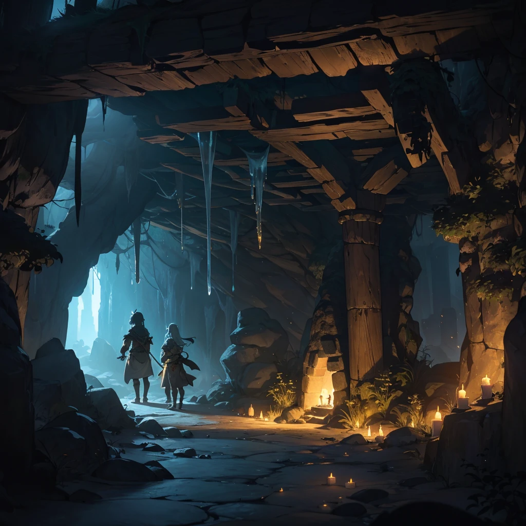 Visualize a medieval cave illuminated by the soft glow of magical stones embedded in the walls and ceiling. Imagine stalactites and stalagmites casting eerie shadows, while the air is thick with an ancient, mysterious aura. In this dimly lit environment, depict intricate carvings on the cave walls hinting at forgotten lore or symbols of an arcane civilization. Convey the sense of exploration and wonder as adventurers cautiously navigate this subterranean realm, their torchlight flickering against the luminous stones."
