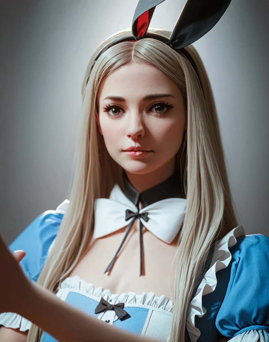 score_9, score_8_up, score_7_up, score_6_up, score_5_up, score_4_up, source_anime, KaleyCuoco,High Quality, Intricately Detailed, Hyper-Realistic cosplay Alice in wonderland,  Portrait Photography, Volumetric Lighting, Full Character, 4k