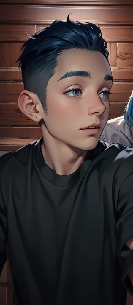 In the background is a silver city Two -yeld tege friends with blue hair, With Latin skin and light gray hair on the outskirts of a large silver city they are talking about an important topic they are friends almost like brothers..............