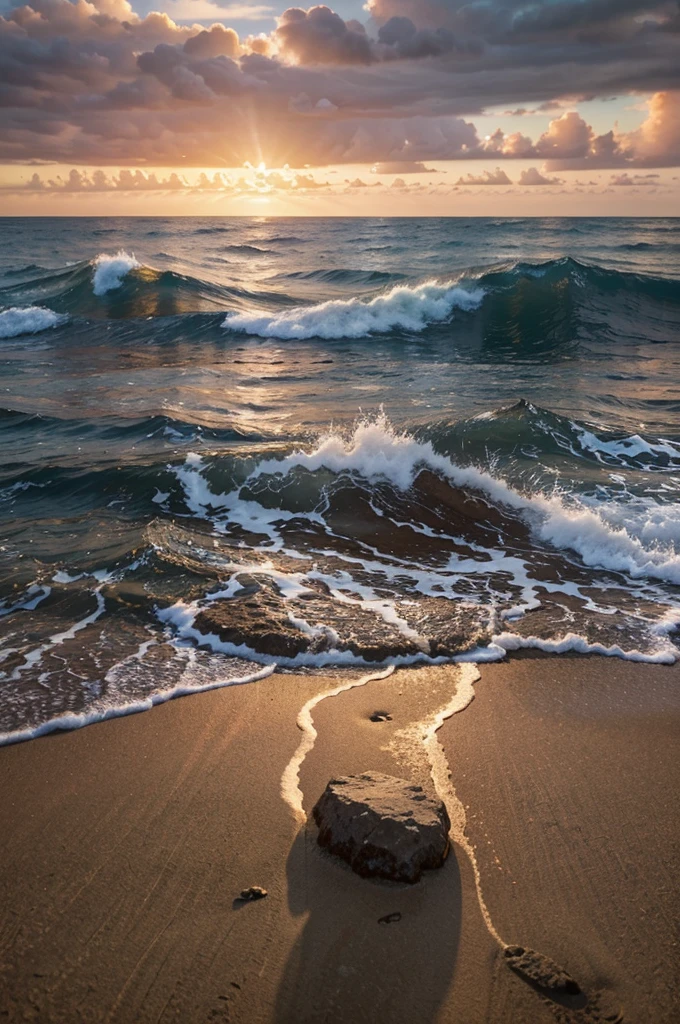 a peaceful sunset over a calm sea, serene tranquil atmosphere, 3D ultra-realistic, photorealistic, hyper detailed, cinematic lighting, glowing sky, golden hour lighting, tranquil ocean waves, reflection of sunset on ocean, dramatic colors, vibrant colors, warm tones, moody atmosphere, dramatic clouds, beautiful detailed sky, detailed horizon, detailed water, realistic foam, detailed sand, detailed rocks, highly detailed landscape, masterpiece