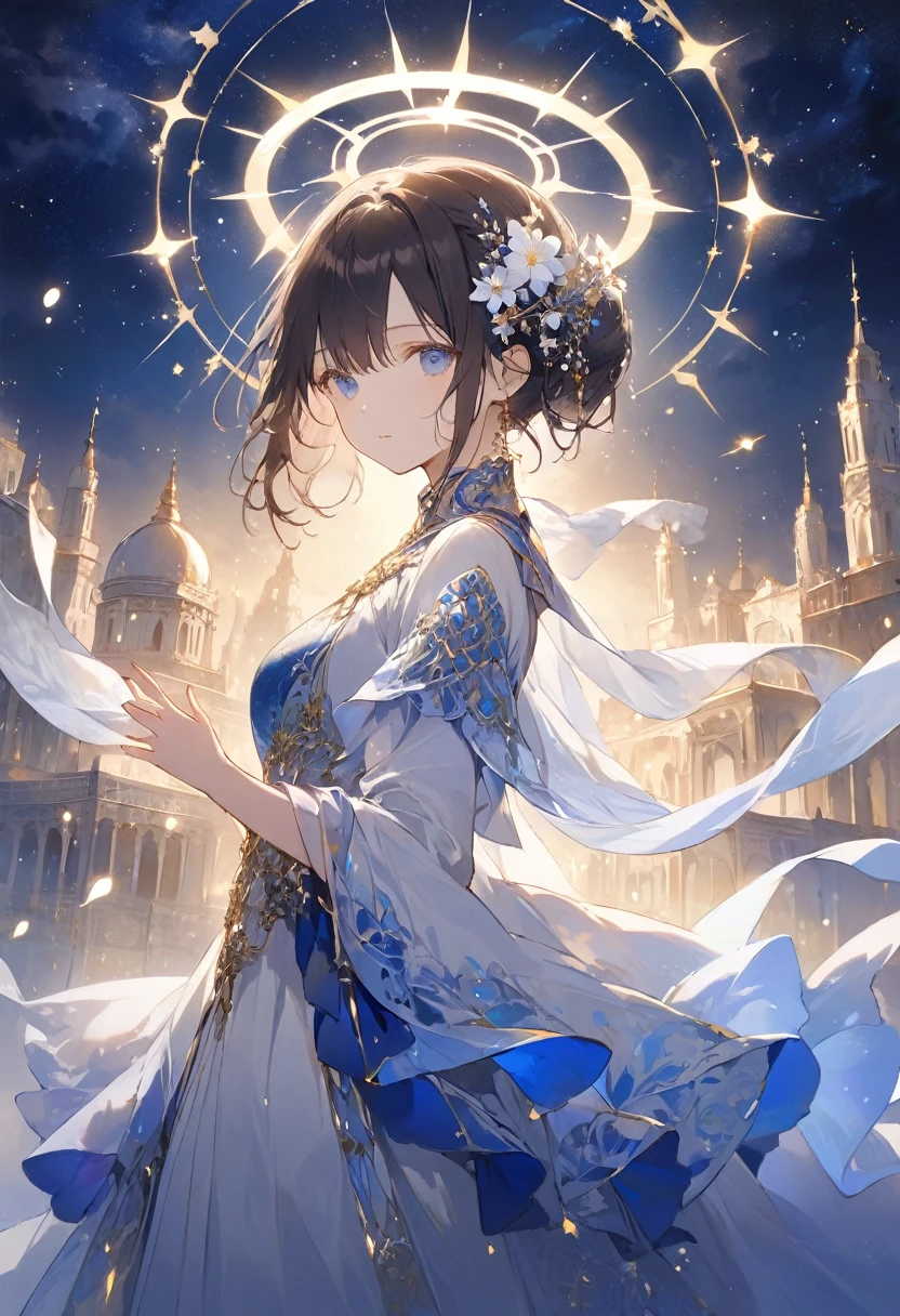 masterpiece, best quality, ultra detailed, beautiful detailed eyes, A young woman with dark hair styled in an intricate updo adorned with white flowers, standing in a fantastical setting under a starry night sky. She has large, expressive blue eyes and a serene expression. She is wearing a beautifully detailed outfit with a combination of white and blue fabrics, featuring gold accents and intricate designs. A glowing halo-like circle surrounds her head, casting a magical light. The background depicts an ethereal landscape with ancient, ornate buildings and floating lights, creating a mystical and enchanting atmosphere. Light particles and ethereal elements float around her, enhancing the otherworldly ambiance of the scene.