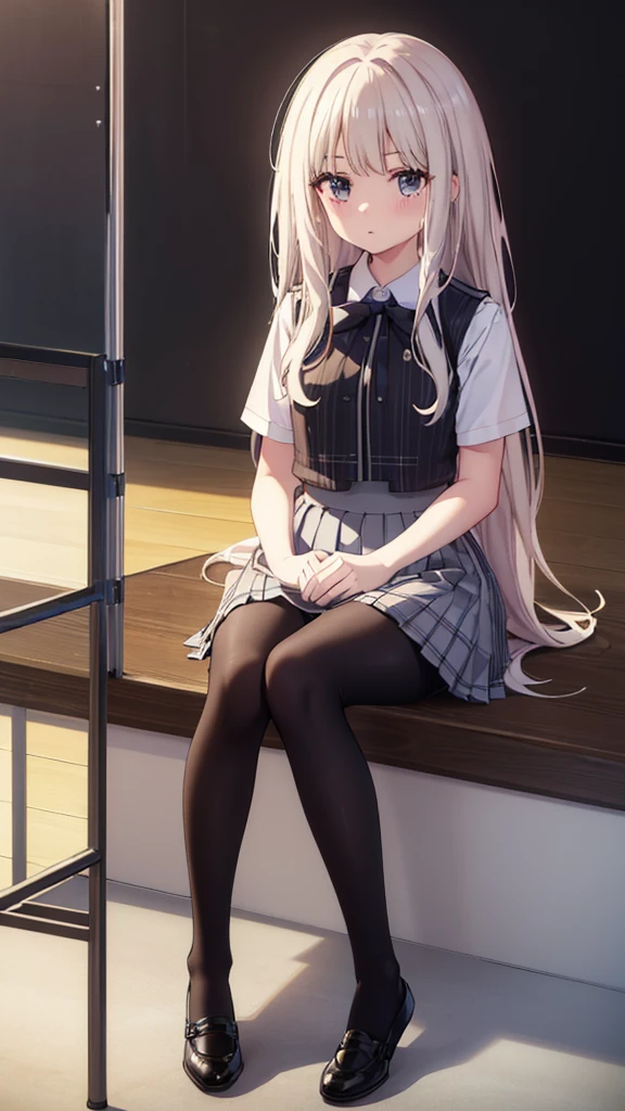 (8K、Best image quality、Highest quality、masterpiece)、One tall girl、((Full body))、Sit on the floor with your legs spread apart、White panties are visible、Long Hair、Wavy Hair、blush、Moderate bust、White collared shirt、Short sleeve、((Plaid pleated mini skirt))、Classroom Background、((black tights))、Black Pantyhose、((No shoes))