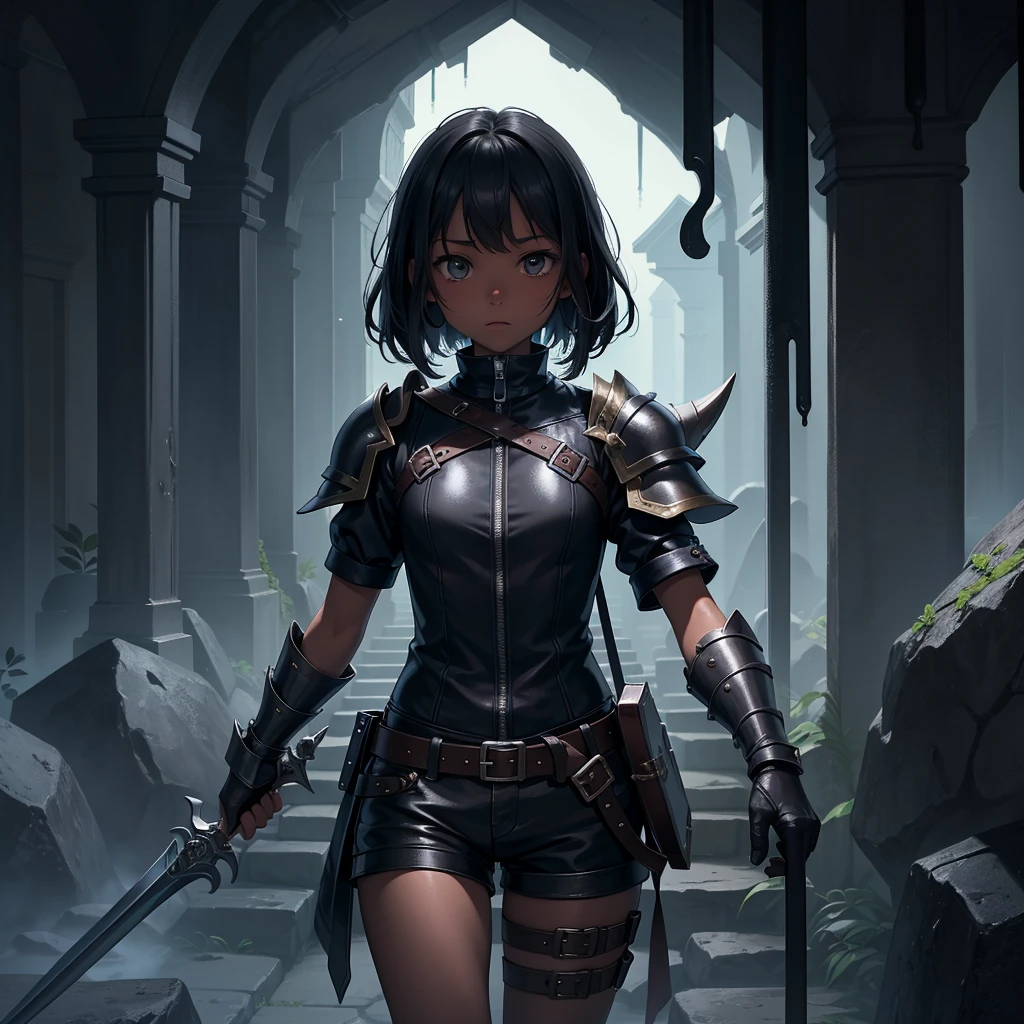 最high quality、high quality、Simple cloth clothing、１０Year-old girl adventurer、Descend the maze stairs、leather armor、Shorts、Equipped with a dagger and a shield、In a dark maze、The body is being swallowed by slime