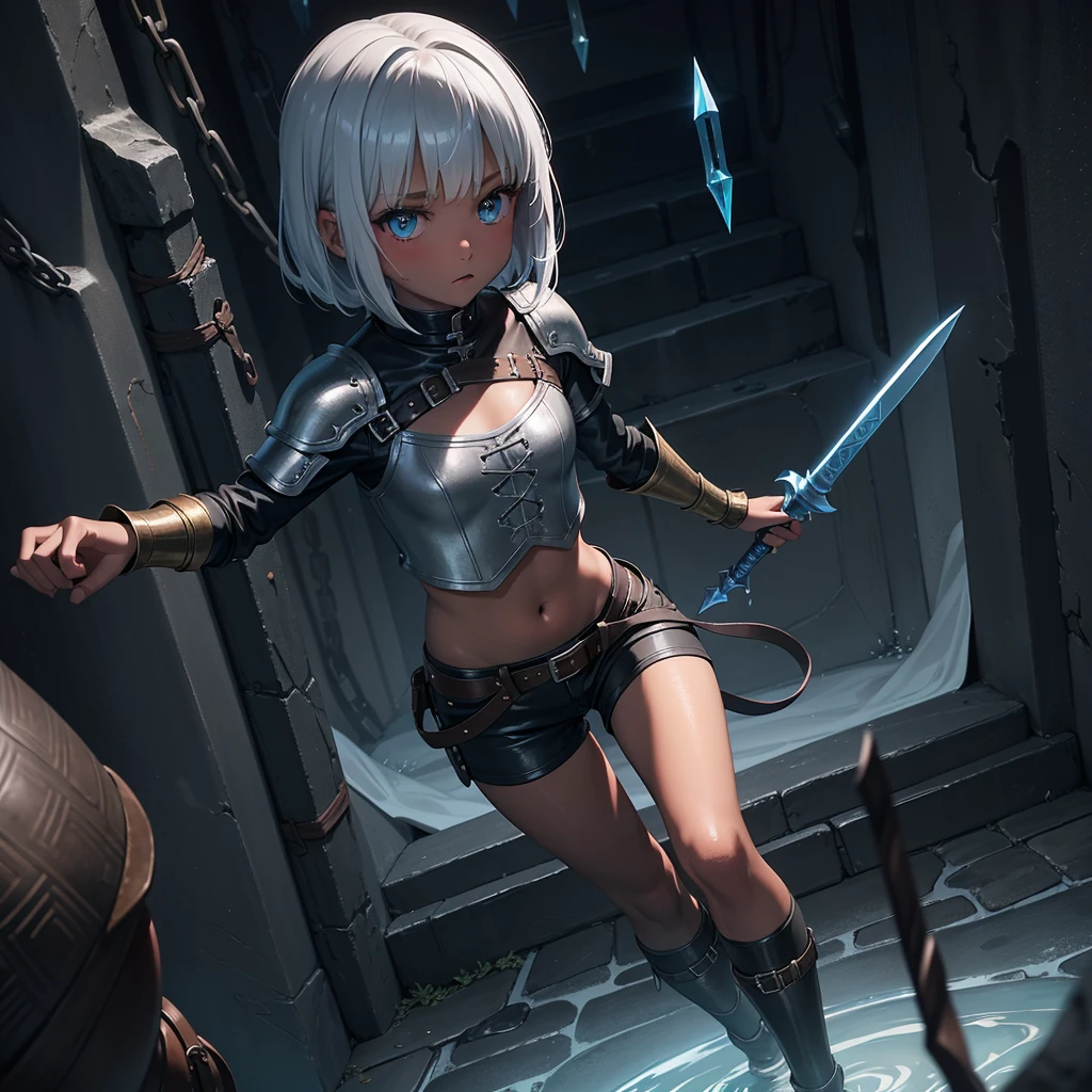最high quality、high quality、Simple cloth clothing、10Year-old girl adventurer、Descend the maze stairs、leather armor、Shorts、Equipped with a dagger and a shield、In a dark maze、The body is being swallowed by slime