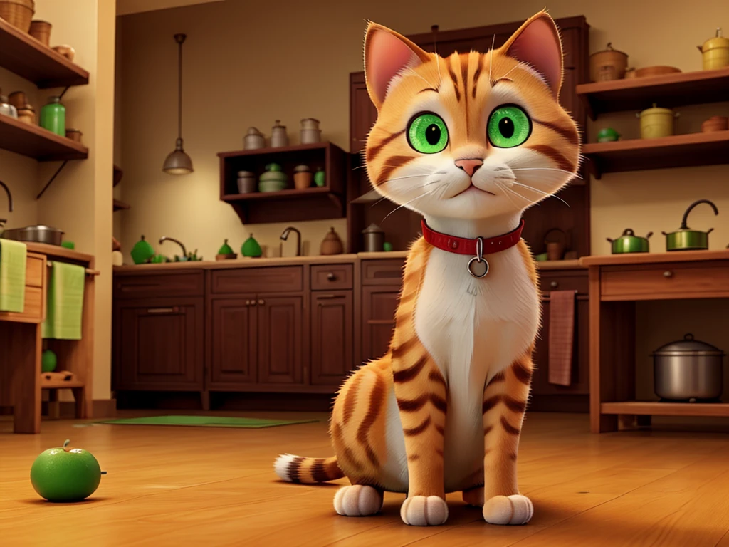 Cat, soft fur, orange, green eyes, illuminated face, 4 paws, long whiskers, intelligent face, with the kitchen in the background; a mouse is near the cupboard.