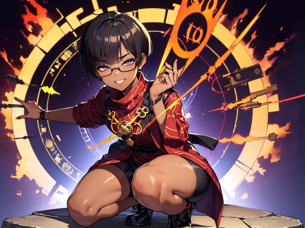 (flat chest:), (masterpiece:1.2), highest quality, High resolution, unity 8k wallpaper, (fine and beautiful eyes:1.6), highly detailed face, perfect lighting, Detailed CG, (perfect hands, perfect anatomy), (1 boy solo:1.4), 20 years old, black hair, extremely beautiful detailfeminine face and eyes, (evil smile:1.4), detailed eyes, best quality,( dark skin:1.8), (turtleneck shirt under yukata:1.2), (bike shorts:1.2), extremely detailed, very precise detailed, (glasses:1.3), blunt bangs, open mouth, (very short pixie cut:1.2), boots,fingerless gloves, smile, (half closed eyes:1.5),(burning fire background:1.3), ,(squat in magic circle on ground:1.1) ,night sky,long sidelocks,(long red Scarf),(yukata),(squatting),(acrobat pose:1.3),(squat:1.3),leaning forward,(one knee dwon:1.5),(Put one foot in front:1.3),(stylish pose:1.4),(Raise only index finger:1.1),(Joining hands:1.5),(retro artstyle:1.2), (1990s \(style\)),(in magic circle on ground only:1.3),(from above:1.2)