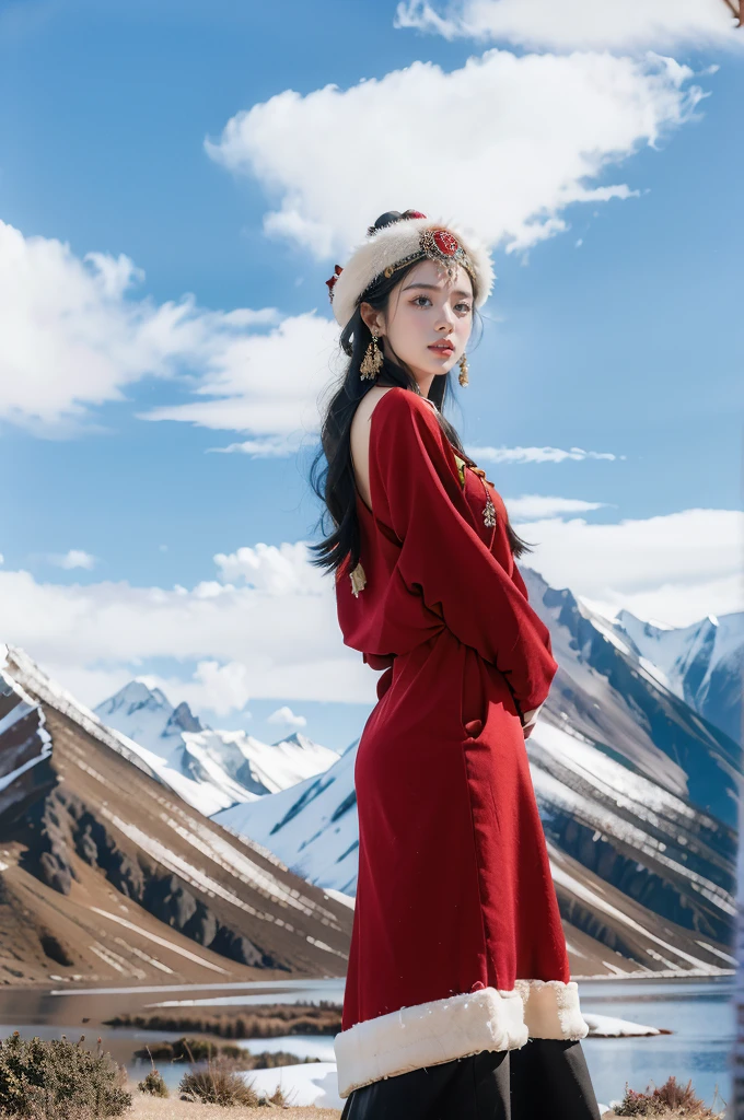 (masterpiece, best quality:1.2),red Tibetan clothing,1 Tibetan girl, blue sky, cloud, cloudy sky, day, earrings,Plush hat, horizon,Tibetan Earrings,jewelry,necklace, lips,snow mountain, outdoors, parted lips, red lips, solo,flat chest,(upper body:1.2),standing,(arms behind back:1.2),(from front:1.2)
