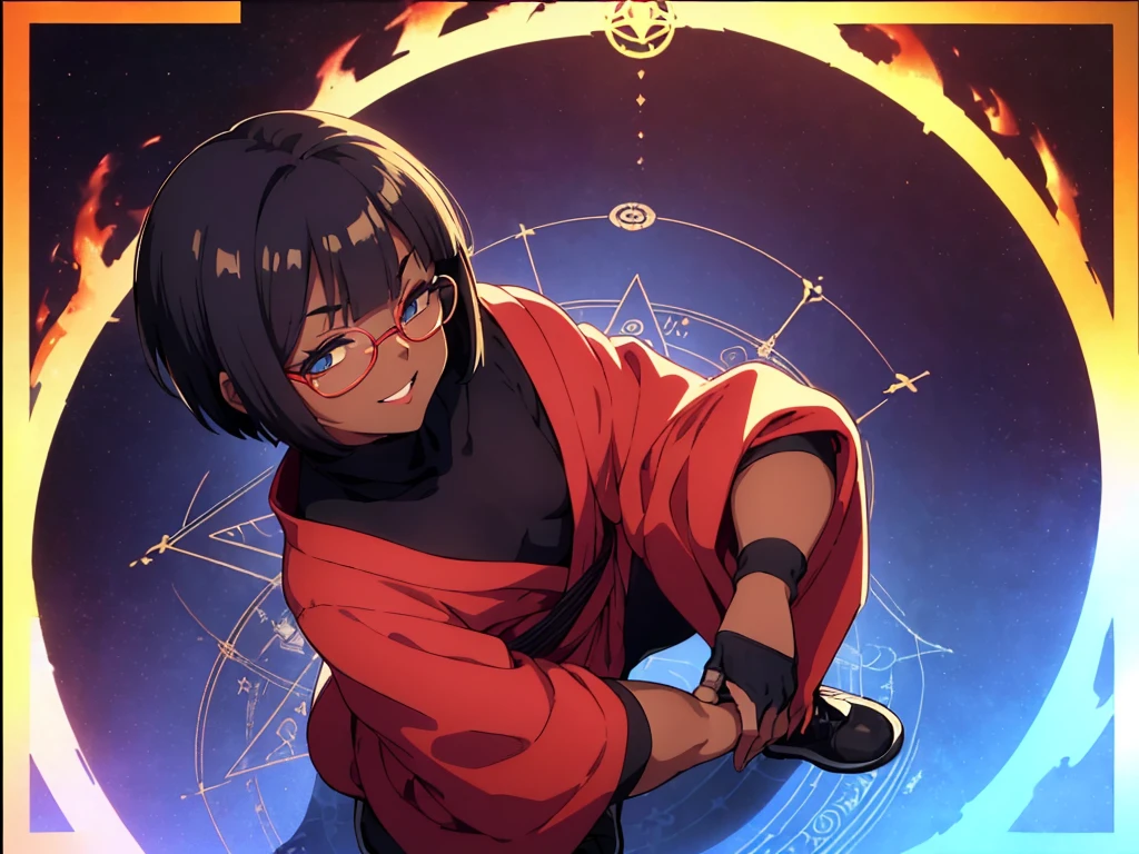 (flat chest:), (masterpiece:1.2), highest quality, High resolution, unity 8k wallpaper, (fine and beautiful eyes:1.6), highly detailed face, perfect lighting, Detailed CG, (perfect hands, perfect anatomy), (1 boy solo:1.4), 20 years old, black hair, extremely beautiful detailfeminine face and eyes, (evil smile:1.4), detailed eyes, best quality,( dark skin:1.8), (turtleneck shirt under yukata:1.2), (bike shorts:1.2), extremely detailed, very precise detailed, (glasses:1.3), blunt bangs, open mouth, (very short pixie cut:1.2), boots,fingerless gloves, smile, (half closed eyes:1.5),(burning fire background:1.3), ,(squat in magic circle on ground:1.1) ,night sky,long sidelocks,(long red Scarf),(yukata),(squatting),(acrobat pose:1.3),(squat:1.3),leaning forward,(one knee dwon:1.5),(Put one foot in front:1.3),(stylish pose:1.4),(Raise only index finger:1.1),(Joining hands:1.5),(retro artstyle:1.2), (1990s \(style\)),(in magic circle on ground only:1.3),(from above:1.2)