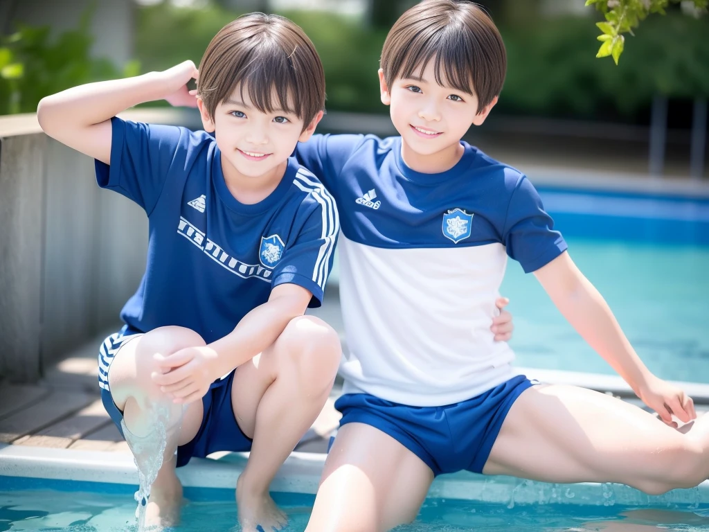 夏休みのprimary school校、Pool、primary school5Grade、Japan Boy、The water feels good、A good boy dripping with water、hot day、Two Boys、Various poses、Short sleeve gym uniform、Blue shorts、physical education、barefoot,(Boy 1.4)、Boys only 、(10Age 1.4)