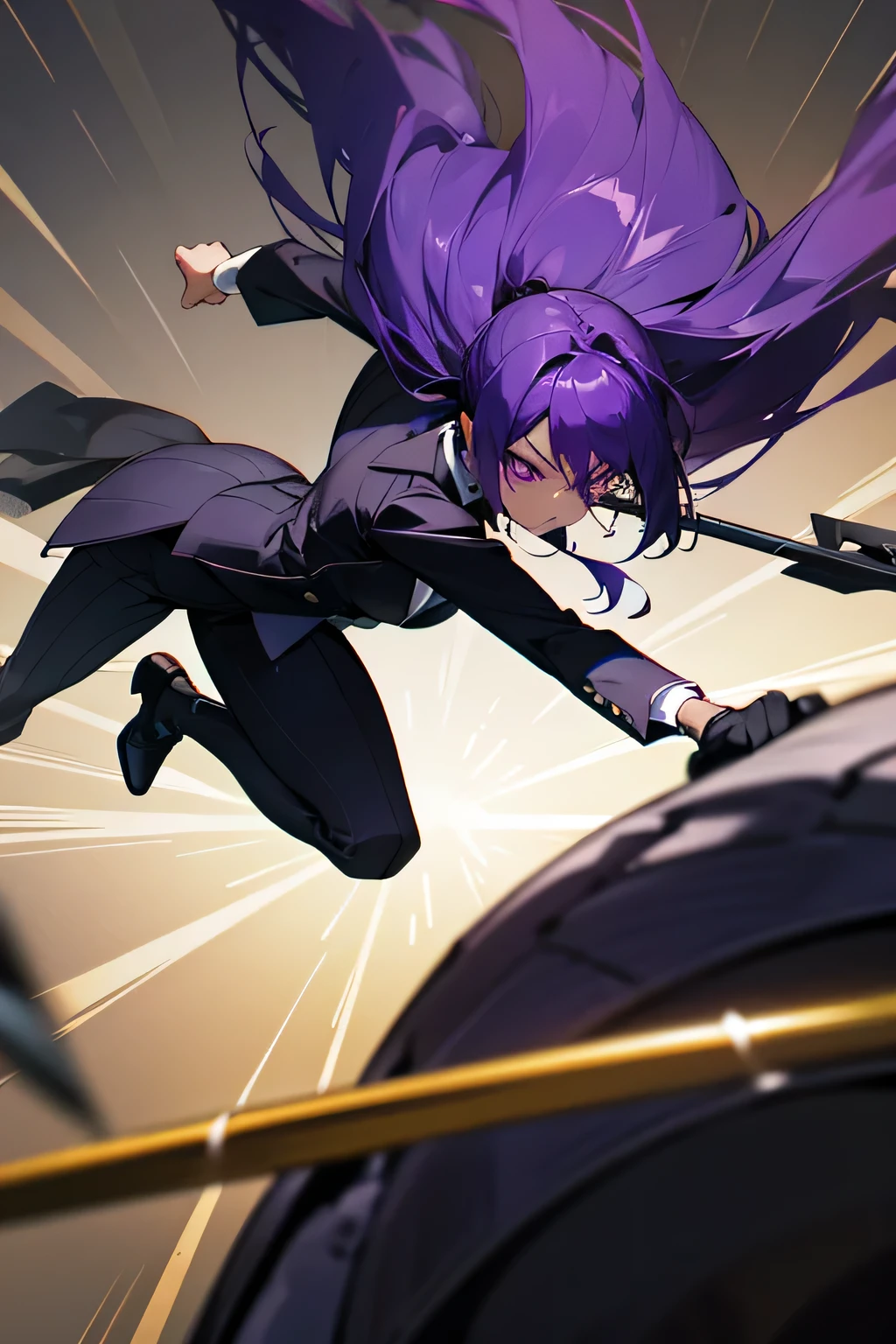 black and purple anime woman in a suit beating up a skeleton with a shovel