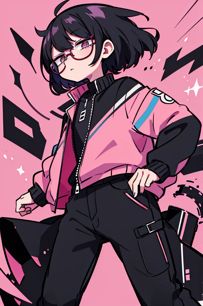 black pants, Sharp image, man, Black hair with pink ends, wearing a pink jacket. , has a dull, bored face, wears round glasses, has short, neat hair,