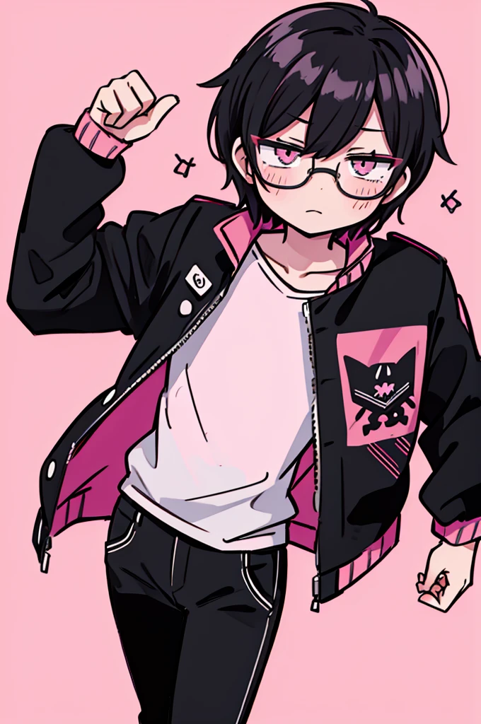 black pants, Sharp image, man, Black hair with pink ends, wearing a pink jacket. , has a dull, bored face, wears round glasses, has short, neat hair,