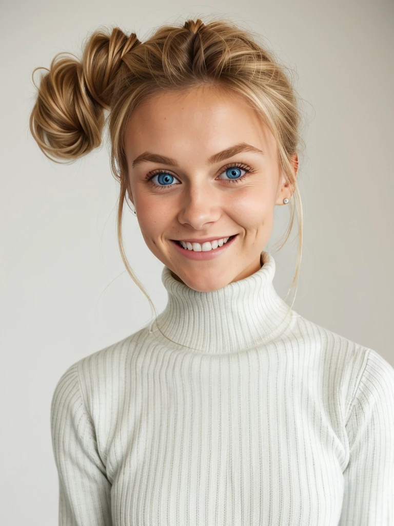 photo of a playful cute blonde teen submissive wife with big bulging beautiful eyes, messy long hair thrown into a messy bun ponytail. She wears: (turtleneck high ribbed bright tight white sweater:1.1), submissive seductive pose, high tight ribbed neck, seductive smile, perfect fake tits, turtleneck top