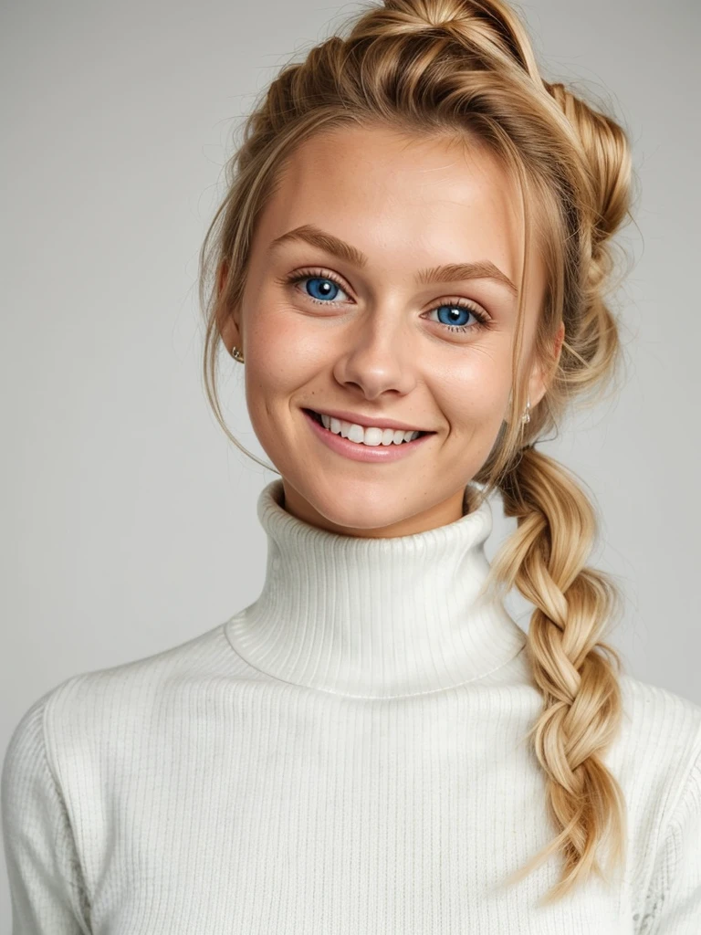 photo of a playful cute blonde submissive wife with big bulging beautiful eyes, messy long hair thrown into a messy bun ponytail. She wears: (turtleneck high ribbed bright tight white sweater:1.1), submissive seductive pose, high tight ribbed neck, seductive smile, perfect fake tits, turtleneck top
