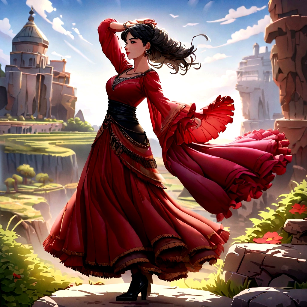 Latin woman in gypsy clothes dancing flamenco beautiful landscapes, big depth of field, digitl art, masterpiece, UHD quality". RPG