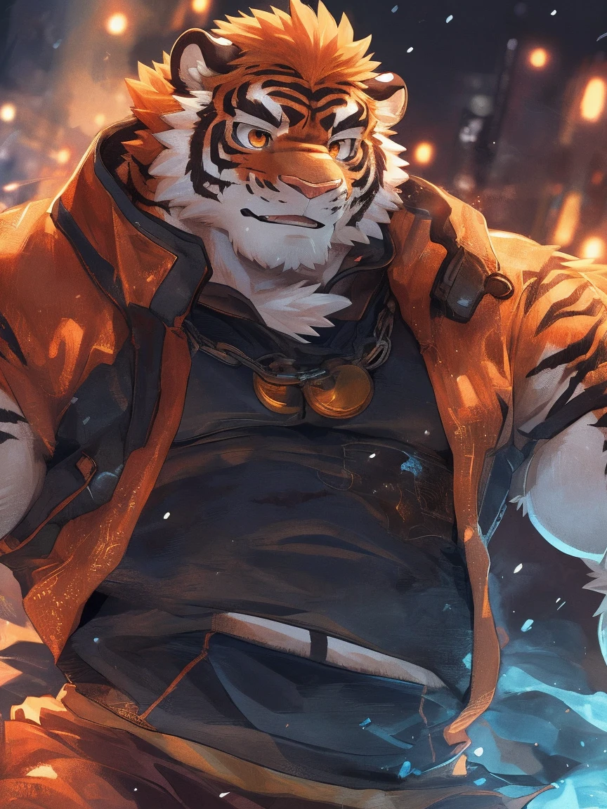 human nature, Wildlife, male,18 years old， solitary, ((Round Face, The face is plump,Orange eyes,Thick orange hair，With scars)), ((Endomorph, Handsome，Hot Blood)), (Sportswear，Clothes Damaged), ((domestic tiger, tiger，) Fluffy fur, Fluffy), Bokeh, (high quality, high resolution, masterpiece), (Dynamic Lighting, Vibrant colors), (Revitalize，harm，Disdain), Full body picture (close up), cartoon, author：Takemoto Arashi, From zixiong, By Chunni, author：Empty Ghost，（background：A city where it rains）