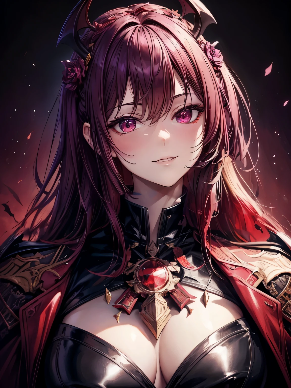 A succubus with horns,black wings,wearing REd military uniform,decorated medals,highly detailed face,beautiful eyes,sharp facial features,flawless skin,seductive expression,dark fantasy,dramatic lighting,cinematic composition,chiaroscuro,digital painting,muted colors,moody atmosphere