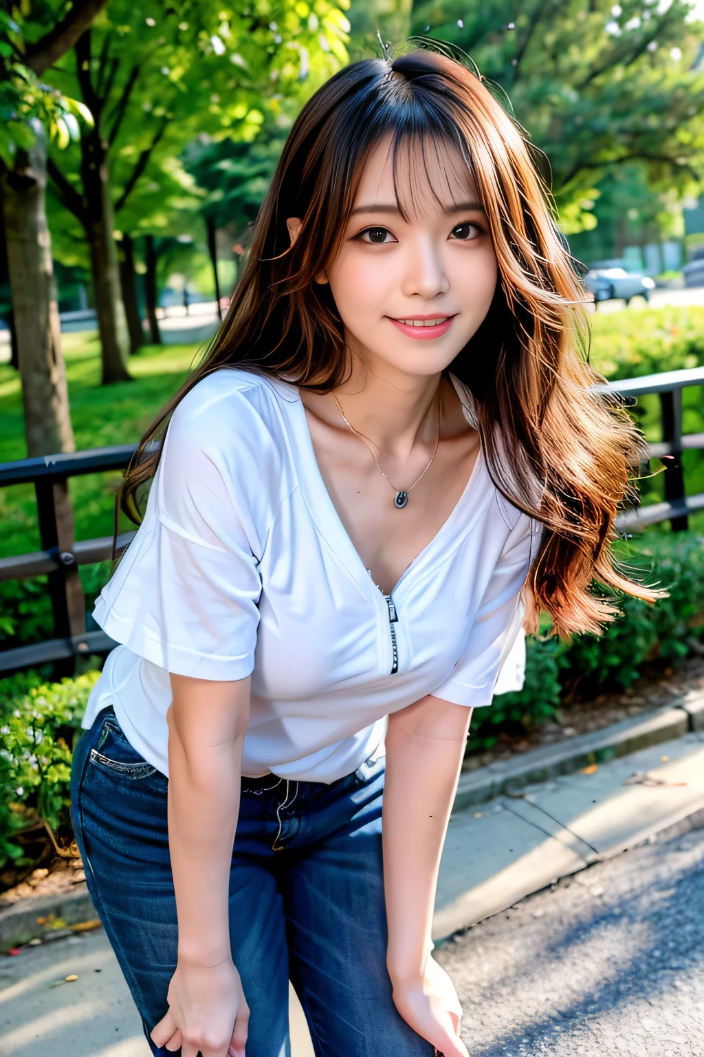 seed;88117315,((Full Body Angle))、Front hair:1.3))、((Highest quality, 8K, masterpiece: 1.3)), concentrated: 1.2, Cute girl 1,Nipples erect、 Perfect beauty: 1.4,Cut and sewn T-shirt Raglan sleeve summer short sleeve T-shirt.Shorts: 1.2,Long sleeve、Randall Color、comics&Text Graphics、Black ruffle-trimmed drawstring zip blouse,1.1, Highly detailed face and skin textures, Fine grain, double eyelid, whitening skin, ,Highest quality,Ultra-high resolution,you,1 girl,alone,_Shiny_skin,Iris,necklace,((brown_length_Wavy_hair)),(lips)),eyelash,Front hair,deal with,compensate,Shiny,pore,skin,Large Breasts、((smiling face))、Walking in the park、walk、